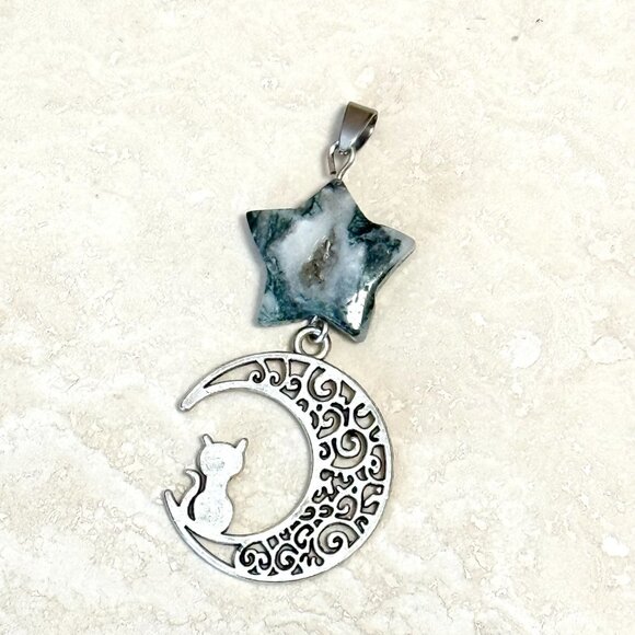 2/$20, Genuine White Green Tree Agate Star & Silver Cat on the Moon Pendant - Picture 3 of 11